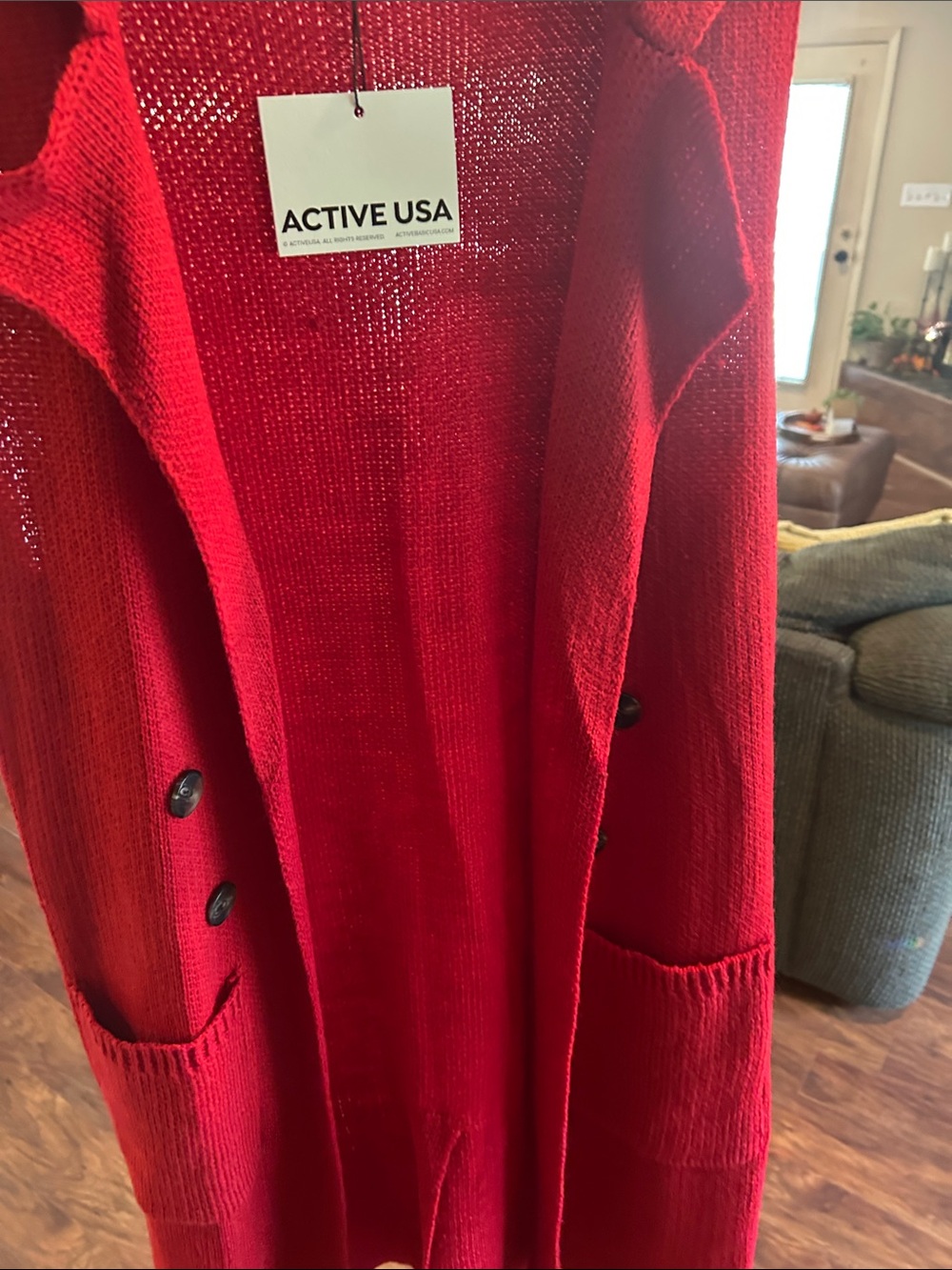 Active USA Women's sz L Red Sleeveless Knit Cardigan with Pockets